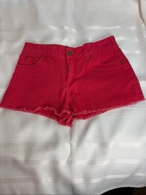 Forever 21 Bright Red Frayed Hem Denim Shorts